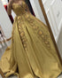 Sexy Gold Satin Quinceanera Dresses Appliques Flowers Ball Gown Sweet 16 vestidos de quinceañera